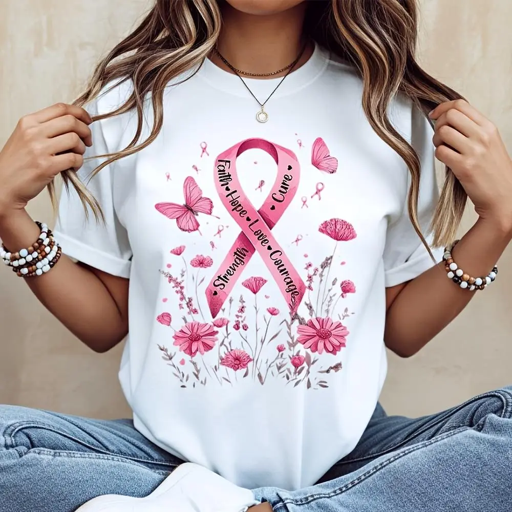 Pink Ribbon Faith Hope Love Courage Strength Cure Butterfly Floral Print T-Shirt, Breast Cancer Awareness Support Gift, Casual Daily Wear