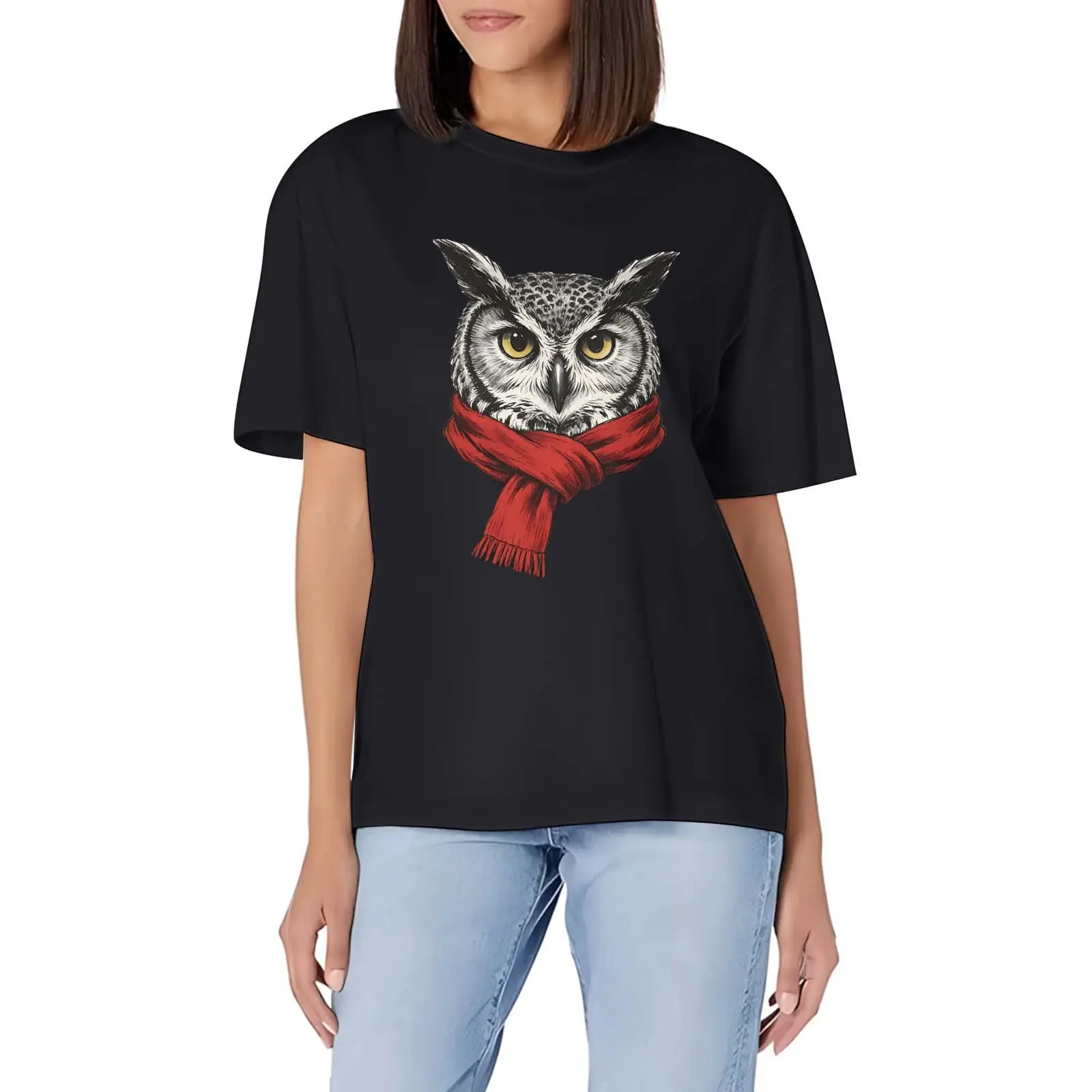 Owl with Red Scarf T-Shirt for Women, Cute Winter Owl Bird Animal Nature Short Sleeve Crew Neck Casual Top