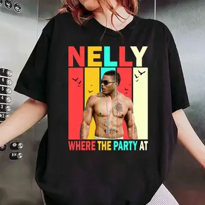 Nelly - Where The Party At T-shirt Retro Y2k Casual Women's Fashion Top Basic Elastic Grey Knit Short Sleeve Crew Neck Unisex Heavy Cotton Tee - Garment - Womenswear