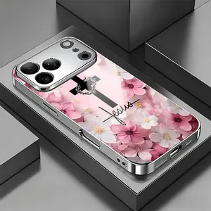 Jesus Cross Pink Floral Pattern Electroplated Glass Phone Case Suitable for iPhone 17 16,15,14,13,12,11 Plus Pro Max