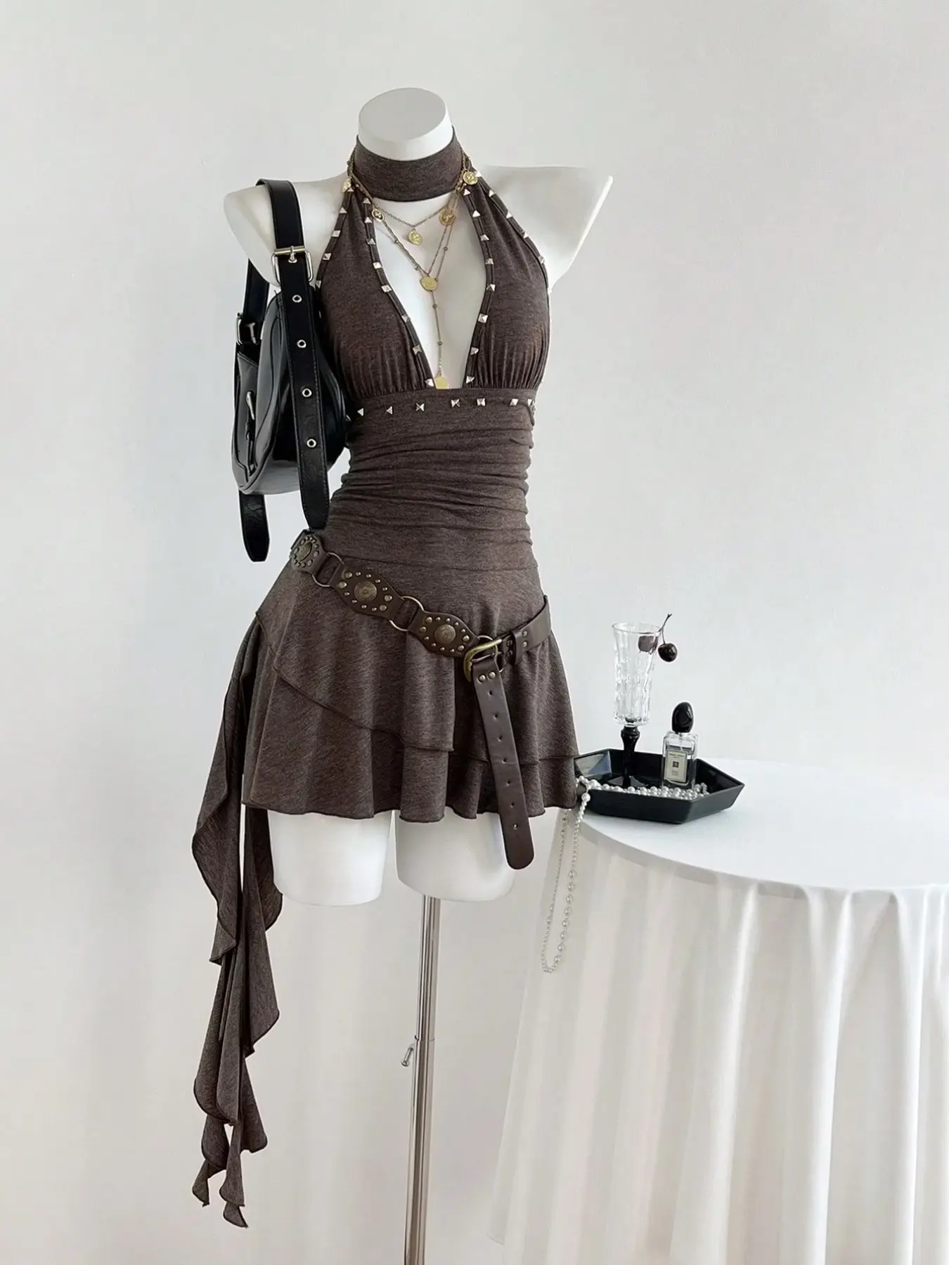 Women's Elegant Summer Halter V-Neck Ruffle Mini Dress, Sleeveless Backless Slim Fit, Perfect for Casual Wear, Chic Style, Womenswear, Dresses For Party