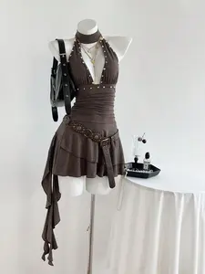 Elegant Summer Halter V-Neck Plain Slimming Ruffle Dress for Women, Short Sleeveless Backless Design, Halter Strap Dress, Perfect for Casual Wear