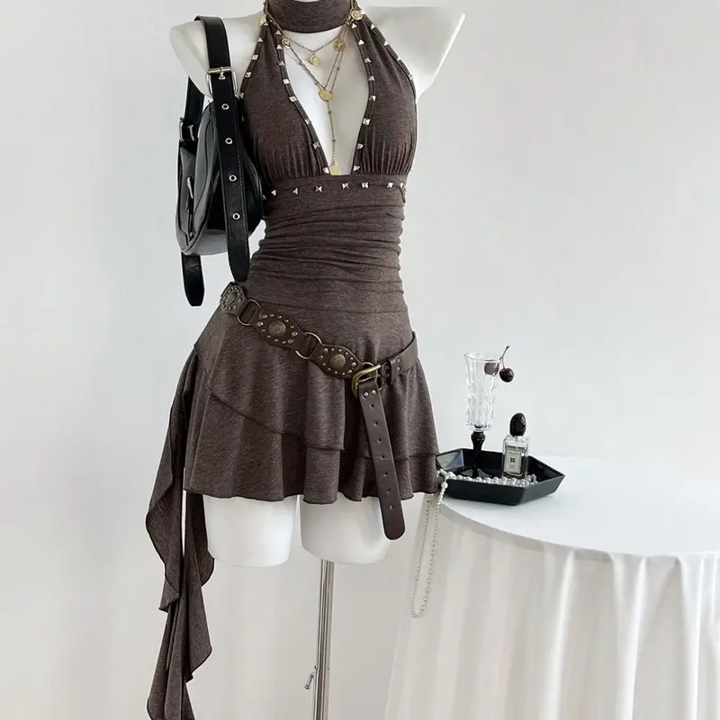 Women's Elegant Summer Halter V-Neck Ruffle Mini Dress, Sleeveless Backless Slim Fit, Perfect for Casual Wear, Chic Style, Womenswear, Dresses For Party, Short Dress