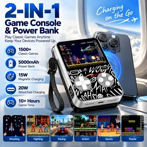 Miro Retro Handheld Game Console Power Bank - 5000mAh Wireless Charging Multifunctional Compact Charger for Smartphones, Electronic Devices, Game Accessories,back to school,back to school haul