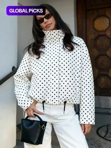 Women's Polka Dot Spring High Neck Long Sleeve Zip Up Jacket, Windbreaker Cropped Coat, Outdoor Casual Bomber Jackets for Woman, Outerwear, Streetwear, New Demi-Season Jackets, Fashionable Zipper Blue Jackets