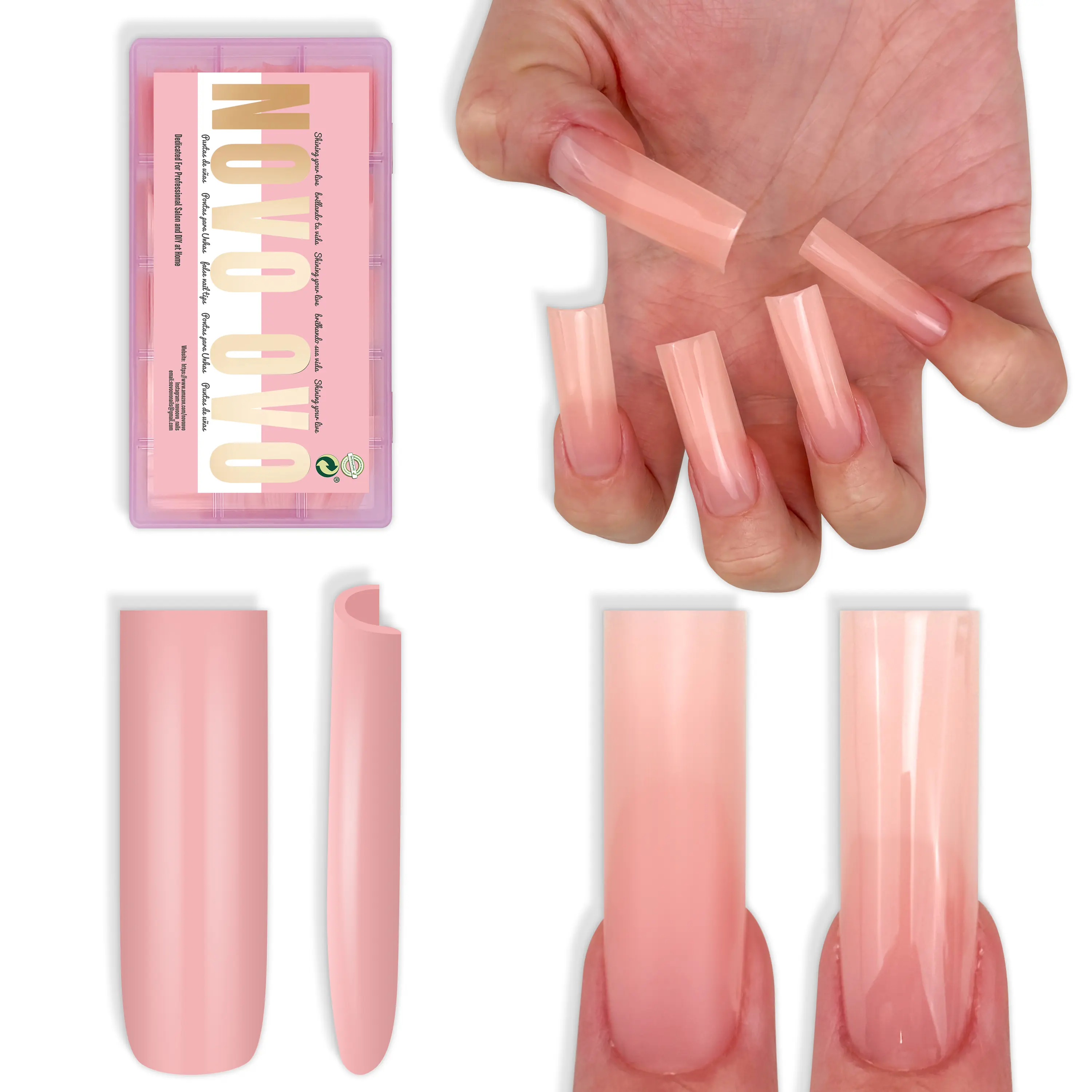 NOVO OVO Long Sharp Square Nail Tips Press on Pure Color BABY PINK, Extra Thick NEED Builder Gel & Top Coat & Glue, Soft Gel Matte Fake Nail Extension, Full Cover False Nails for Salon DIY x 15 Sizes 180 pc