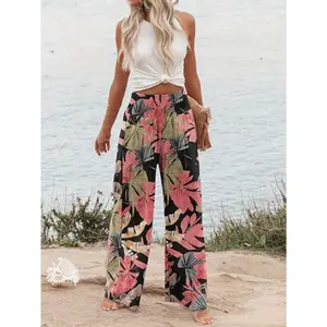 Women's Relaxed Fit High-Waisted Wide Leg Trousers - Tropical Floral Print Casual Pants, Machine Washable All-Season Comfort for Beach Outings & Summer Days, Summer Clothing, Comfortable Fabric