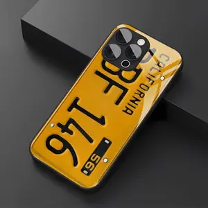 Vintage California license plate glass phone case, designed with bold yellow and black typography, suitable for iPhone 16, 15, 14, 13, 12 and 11 Pro models, glass material, shockproof protection. It is a great gift for family, friends, children, birthdays