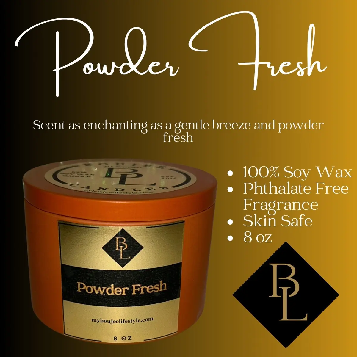 Powder Fresh Candle - 100% Soy Wax, Phthalate Free Fragrance, Skin Safe, 8 oz Tin Can - Freshener, Traditional