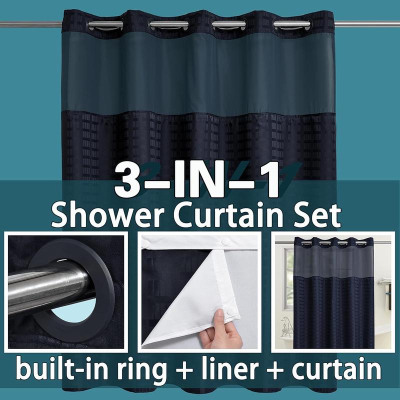 1pc No Hook Shower Curtain with Snap in Liner Set, Hotel Luxury Shower Curtains for Bathroom with See Through Top Window, Waterproof, Machine Washable 71W x 74H Shower Curtain Sets