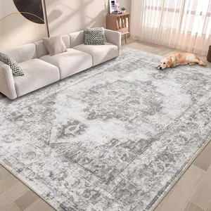 Area Rug 6x9 Vintage Rug: Washable Indoor Medallion Rug Low Pile Distressed Floor Carpet Retro Accent Rug for Living Room Bedroom Kitchen Dining Table Home Office(Grey, 6'x9')