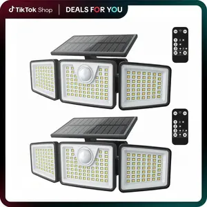2 Packs Solar Outdoor Lights 2500LM Security 3 Heads Dimmable Spotlights 3 Modes IP65 Waterproof for Outdoor Security US, Adjustable Flood Lamp