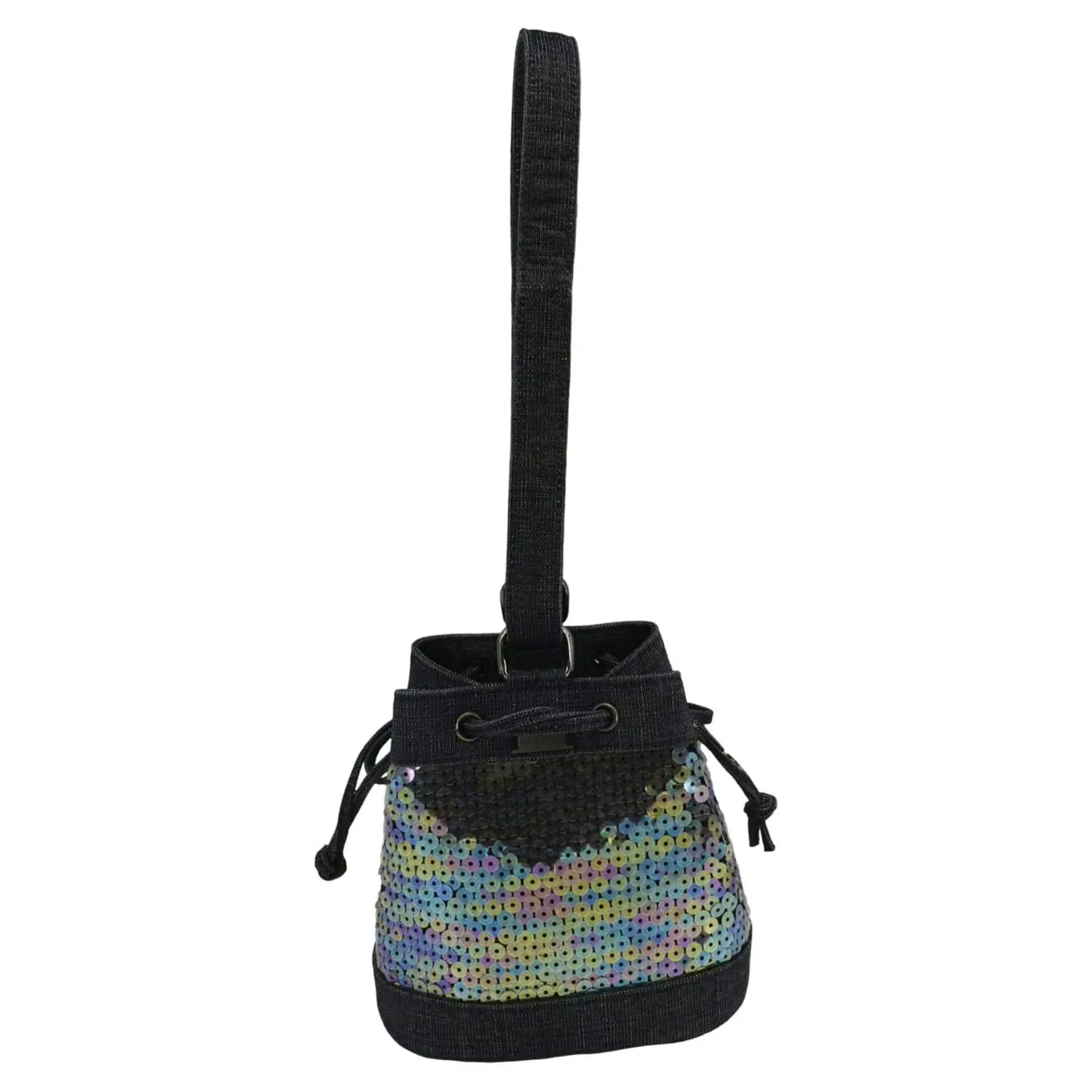 Pre-owned CHANEL Sequin and Denim Bucket Bags Sequin Denim Small Drawstring Bucket Bag Blue