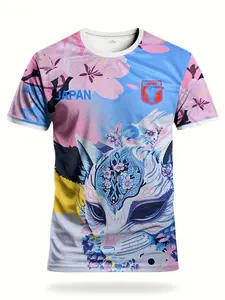 Japanese Special Edition Men's Football Jersey, Fox Pattern Round Neck Sport Top, Breathable Knit Fabric, Casual Wear for All Seasons