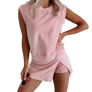 Women's Casual 2 Piece Mineral Wash Cotton Tank Top and Lined Split Skirt Set in Solid Color - Womenswear, Clothes, Fit Basic