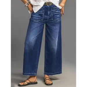 Casual Blue Denim Waist Boots Cut Women'S Stylish Wide Leg Jeans - Diamond Patch Pockets, All-season Clothes, Clothing Jeans, Boot Cropped Pants starched jeans bootcut jeans