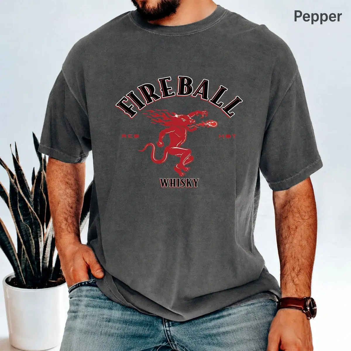 Menswear Vintage Fireball Whisky Casual Short-Sleeve T-Shirt, Soft Everyday Tops for Men’s Clothes