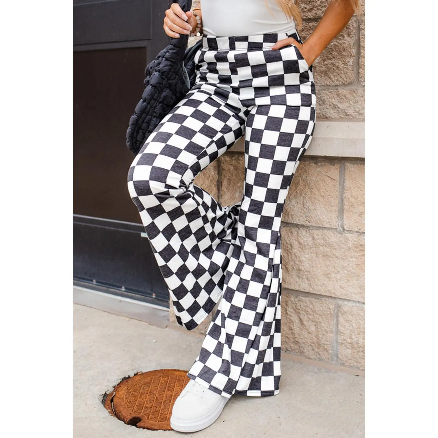 Black Checkerboard High Rise Casual Flared Pants