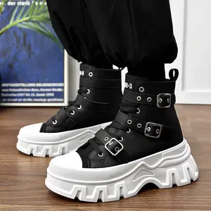 (New)New Black And White Two-Tone Punk-Style Men'S Motorcycle Boots with Thick Soles That Increase Height, Featuring a Comfortable Inner Lining, Lace-Up Design, And Casual High-Top Workwear Style, Adorned with Metal Buckles