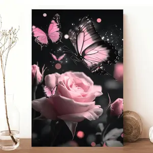 2D Flat, 1pc Wooden Frame Wall Art - Pink Roses & Butterflies Floral Design with Sparkling Stars, Vertical Canvas Print for Living Room, Bedroom, Office Decor - Mother's Day, Birthday