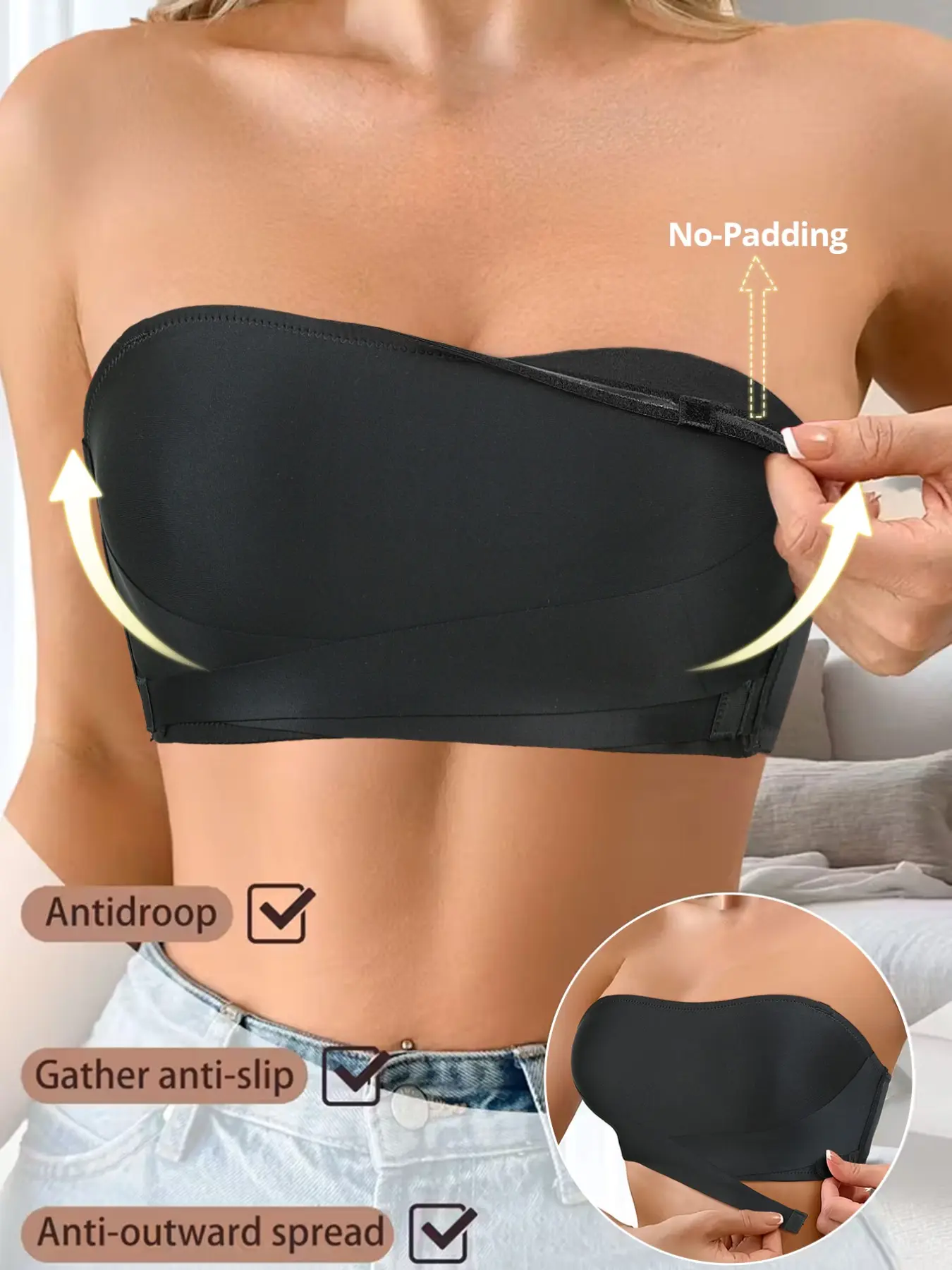 Women's strapless lace bandeau bra, Elegant, Medium, anti-slip and anti-sagging, comfortable and invisible, suitable for everyday wear, Seamless, Soft Comfy Bra, Non Slip Bra