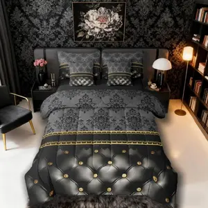 Black Damask Bed Bag,Comforter Bed Set,7 Pieces,Luxury Grey Golden Texture Pattern Bohemian Bedding Set,Antique Decor Gothic Vintage Floral Comforter Bed Set