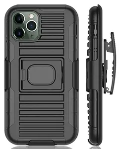Case with Clip for iPhone 11 Pro, Nakedcellphone Black Rugged Cover [with Finger Grip Stand] + [Built-In Mounting Plate] + [Belt Hip Holster] for Apple iPhone 11 Pro (2019, 5.8" Model)