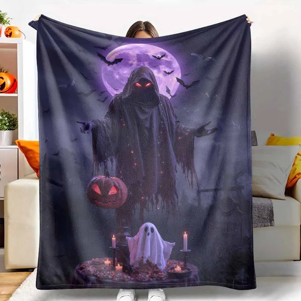 Halloween Phantom & Pumpkin Moon Flannel Blanket - Spooky Prints, Soft Warm Cozy Look, Wrinkle Resistant, Plush Texture, Multi-Size, Indoor/Outdoor Holiday Gift, Living Room Decorations