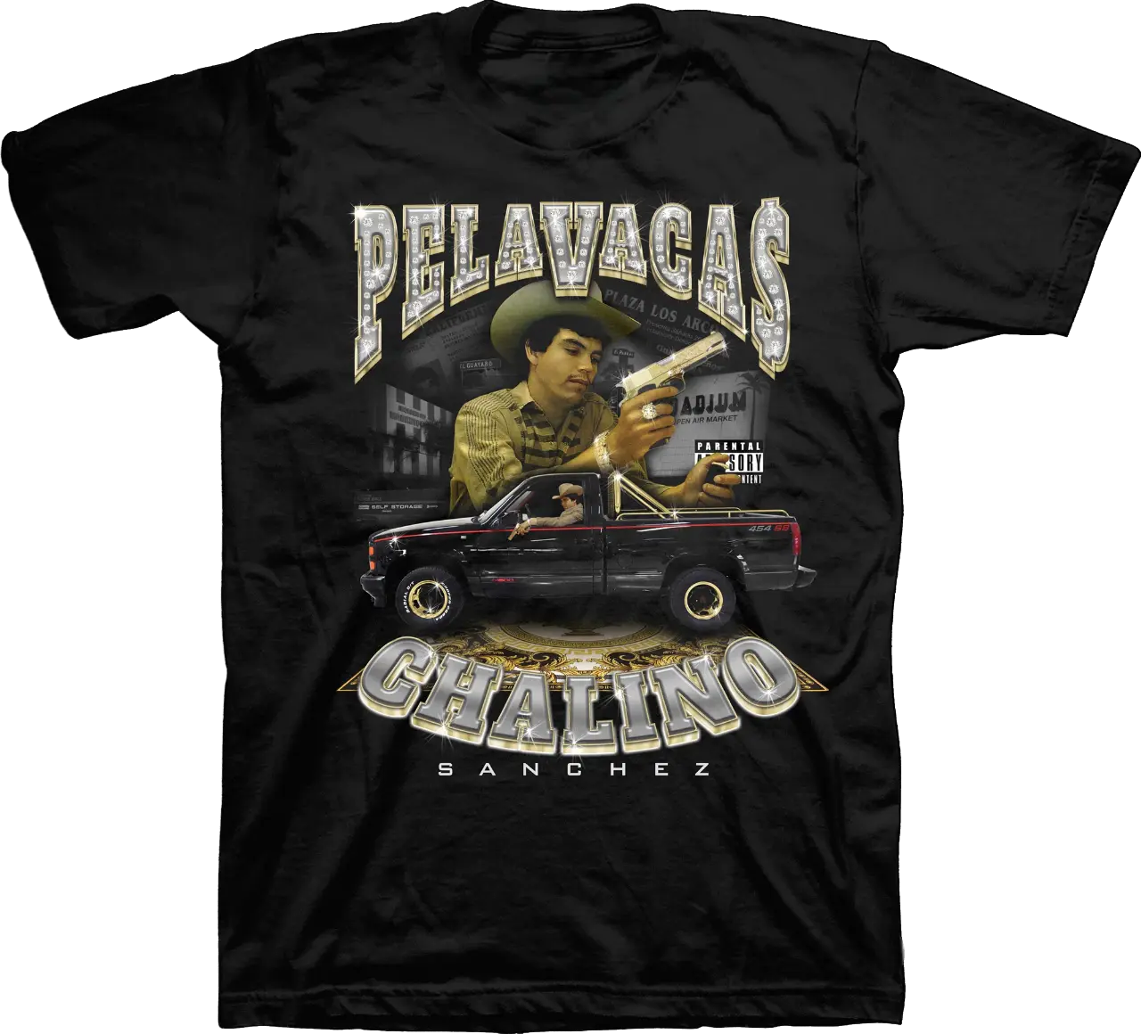 Men's Cotton Short-Sleeve Round Neck T-Shirt Garments - Retro Digital Print Chalino Sanchez Pelavacas & Pickup Truck Graphic, Mexican Corrido Tribute, Chicano Streetwear Outlaw Casual Top, Shortsleeve