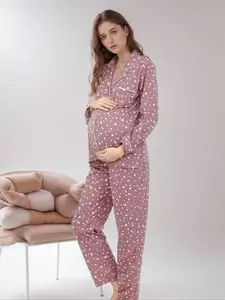 Ladies Maternity Pajamas Set Long Sleeve Printing Collared Two-Piece Lounge, Comfortable Sleepwear for Pregnant Women Prenatal Maternity Clothing