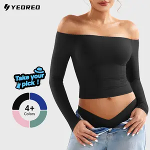 YEOREO Sophie Women Off Shoulder Long Sleeve Shirts Double Lined Basic Undershirt Y2K Going Out Tops Casual Cute Womenswear summervibes Black Blouse