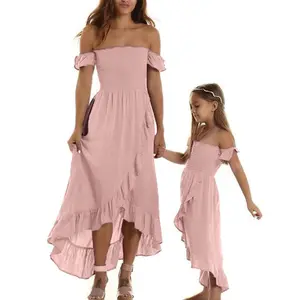 YSHWHWTS Mommy And Me Dresses Family Matching Outfits Off-shoulder Ruffled Hem Summer Casual A Line Vacation Dresses