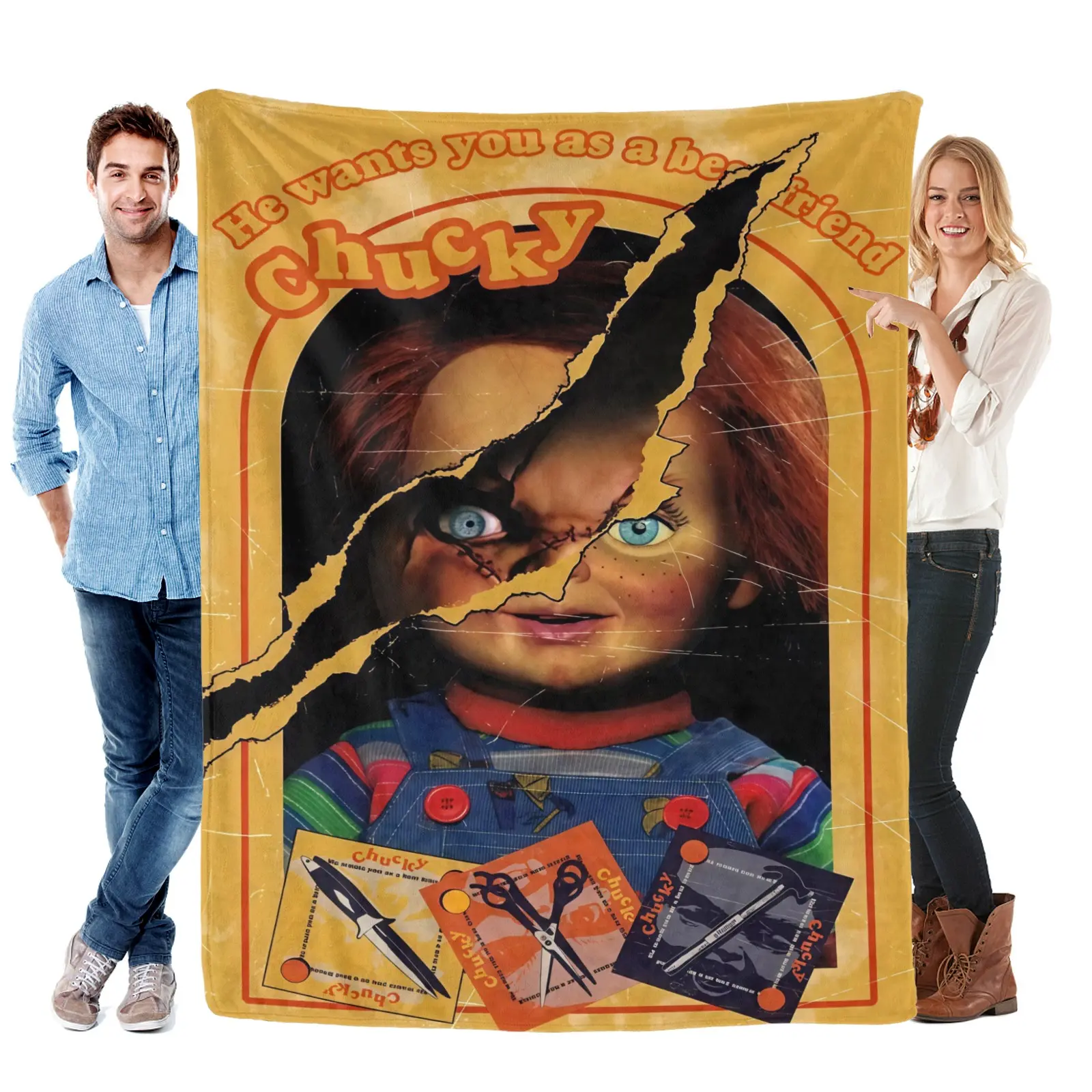 Chucky Horror Blanket for Fans | Vintage Good Guy Doll Movie Merch Throw for Couch Bed Travel | Unisex Horror Lover Gift for Halloween Christmas Birthday Housewarming | Retro 80s Horror Core Aesthetic