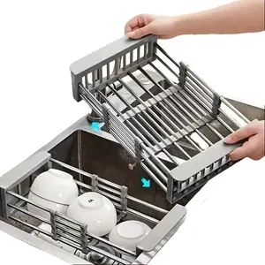 Adjustable stainless steel sink draining rack, extendable dish rack, space-saving modern kitchen storage; adjustable width, telescopic design; suitable for sinks and countertops as a drying rack; durable surface and easy to clean; dish drying racks