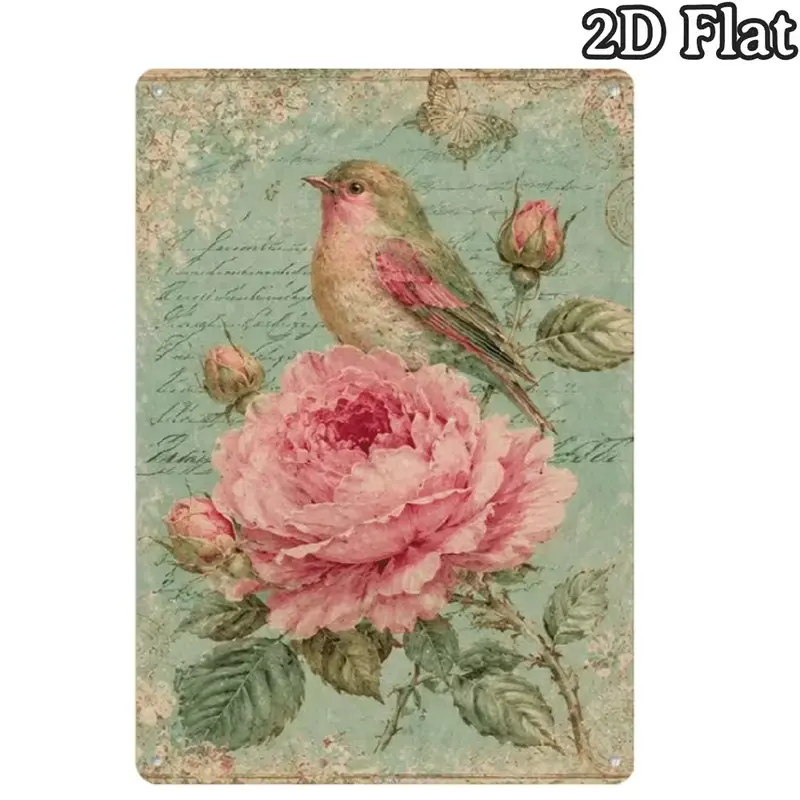 Retro Antique Pastel Pink Peony Little Bird Butterfly Mint Script Iron Wall Sign, Aged Grunge Vintage Botanical Tin Plaque, Calm Country Garden Wall Decor Gift For Women Gardeners Bird Watchers Housewarming Mother’s Day Birthday Galentine’s Day