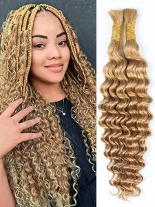 Human Braiding Hair for Boho Braids Human Hair 100g 20 Inch Curly Human Hair for Boho Braids Hair Extensions No Weft 2 Braids Per Pack Honey Blonde Highlight Brown 99J Burgundy Color