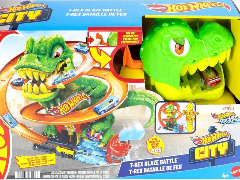 Hot Wheels Toy Car Track Set, City T-Rex Blaze Battle Playset & 1:64 Scale Die-Cast Vehicle, 18” Tall, Multiple Race Outcomes, Spinning Dinosaur Eyes