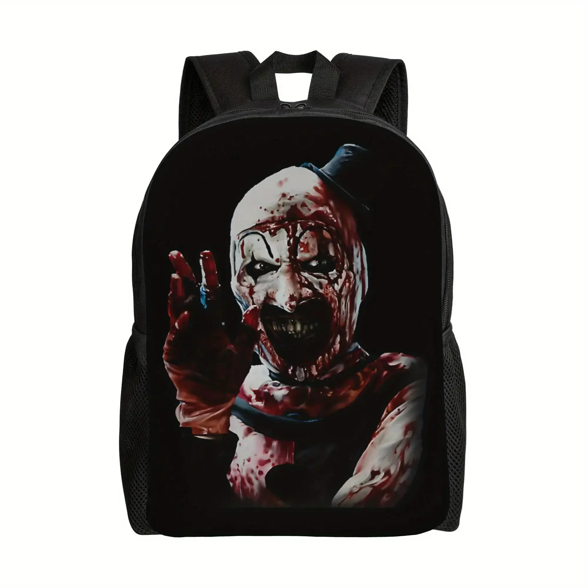 1pc Dark Horror Clown Graphic Laptop Backpack, Sturdy Machine Washable Daypack With Zipper Closure Large Storage For School Travel Halloween Daily Use, Bold Dark Print Bag For Teens And Adults