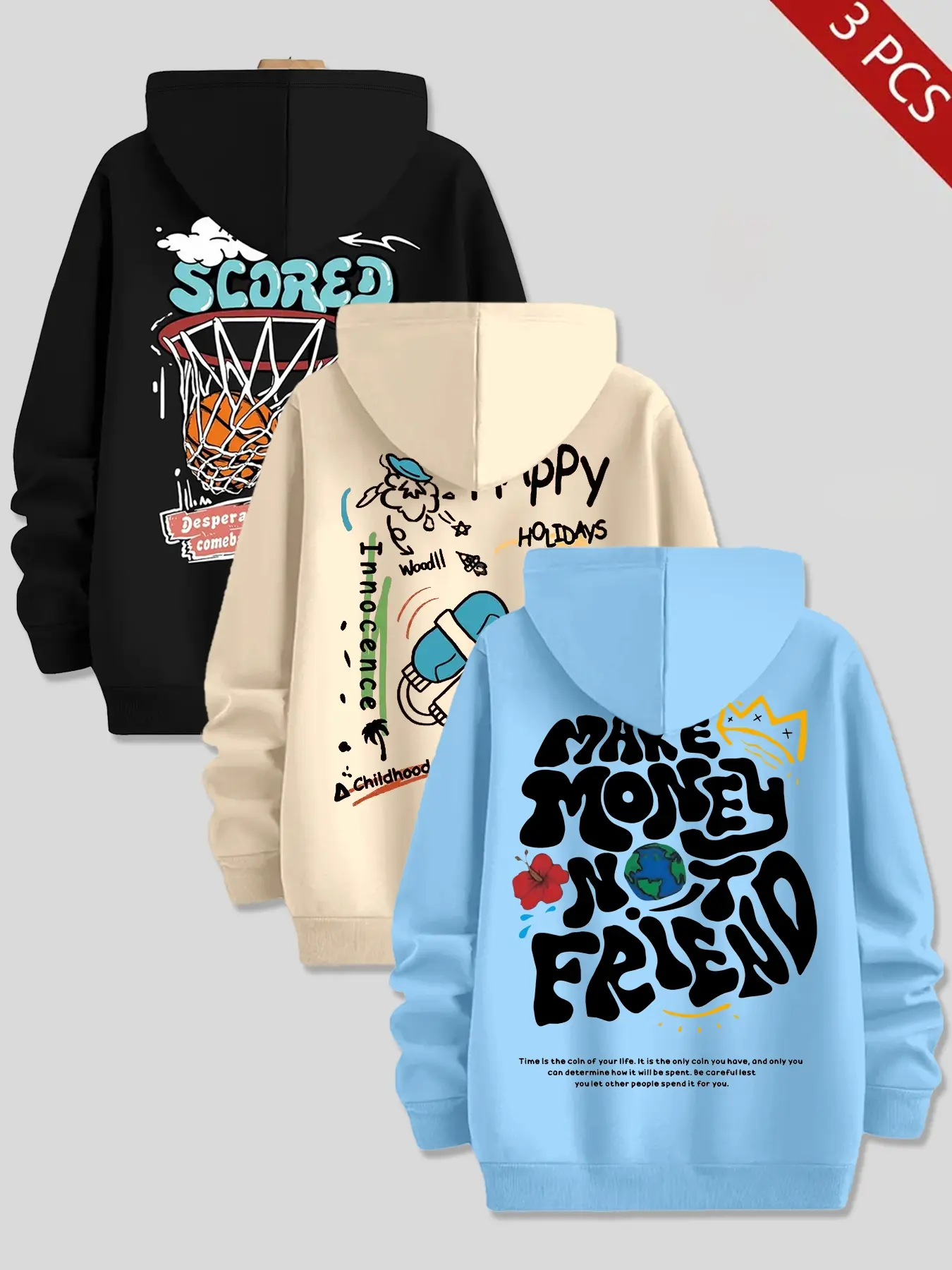 Men's 3-Piece Hooded Sweatshirt Set, Knit, Letter Print Design, Kangaroo Pocket Drawstring, Fall & Winter Fitted Casual Wear, Comfortable Daily, Casual Comfy Streetwear