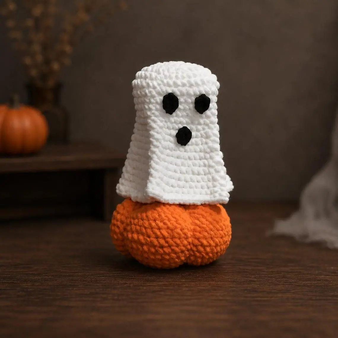 Handmade Crochet Ghost Pumpkin Plush, Cute Halloween Amigurumi Decor, Spooky Fall Home Decor, Kawaii Ghost Plushie, Handmade Gift