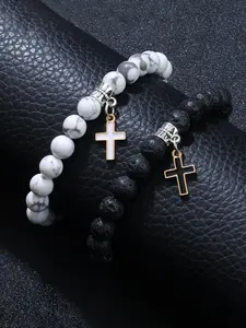 The 2-piece set of white turquoise volcanic stone cross couple bracelet is suitable for daily wear, vacation and dating occasions, and is also a surprising and exquisite small gift, High Quality Bracelet