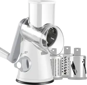 Rotary Cheese Grater with Handle, Kitchen Speed Hand Crank Vegetable Slicer Potato Hash Brown Shredder Spinning Nut Grinder with 3 Replaceable Stainless Steel Drum Blades (White)