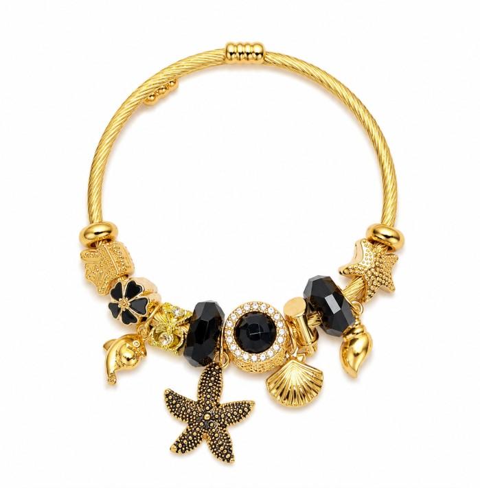 Tone Gold Twisted Open Bangle Dual Color Ocean Charm Bracelet Black Clear Crystal Dolphin Starfish Shell Floral Bead Women Beach Vacation Jewelry Gift