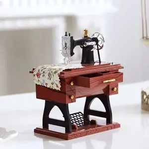 Vintage Mini Sewing Machine Style Plastic Music Box Table Desk Decoration Toy Gift for Kid Children, brown