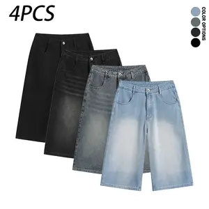Pack of 4 men’s casual retro denim shorts—7/8 length, loose fit, washed distressed finish with pockets; can be worn with a belt for everyday casual wear and sports.