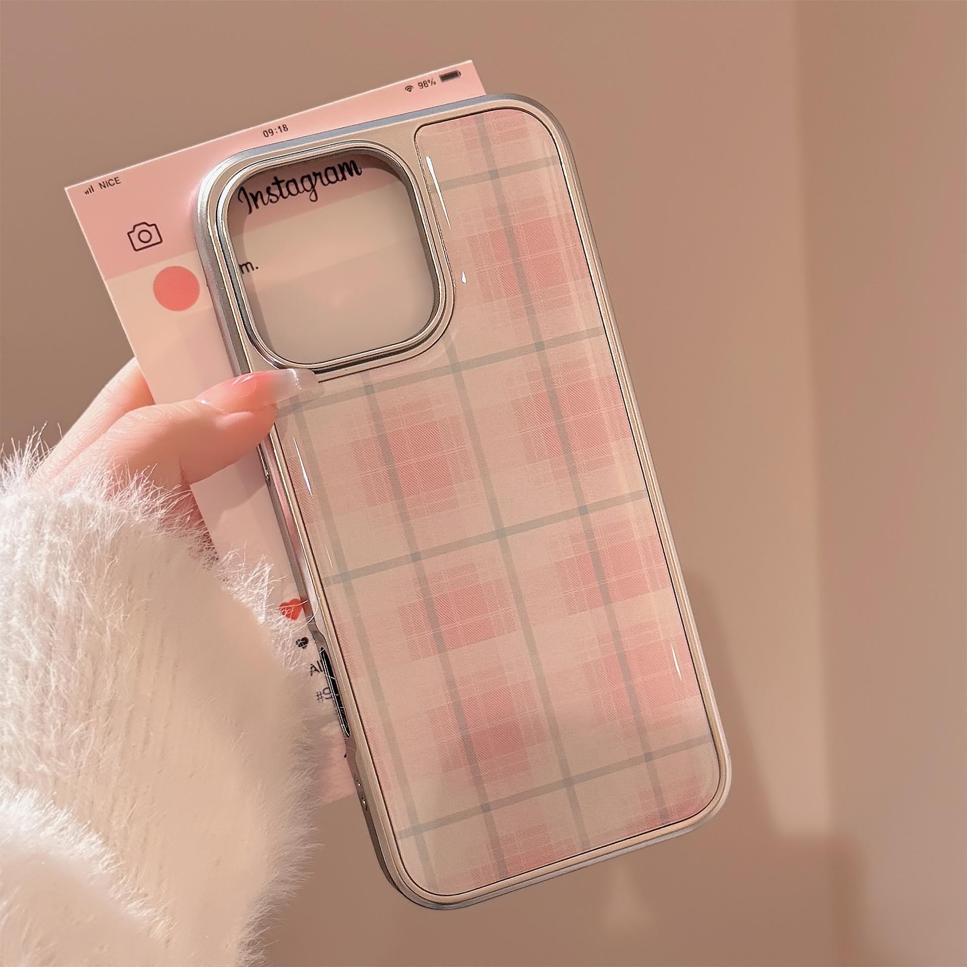 Pink Plaid Phone Case — Compatible with iPhone 16, 15 Pro Max, and 14 Models; Resin-Coated, Sweet Style, Electroplated Finish