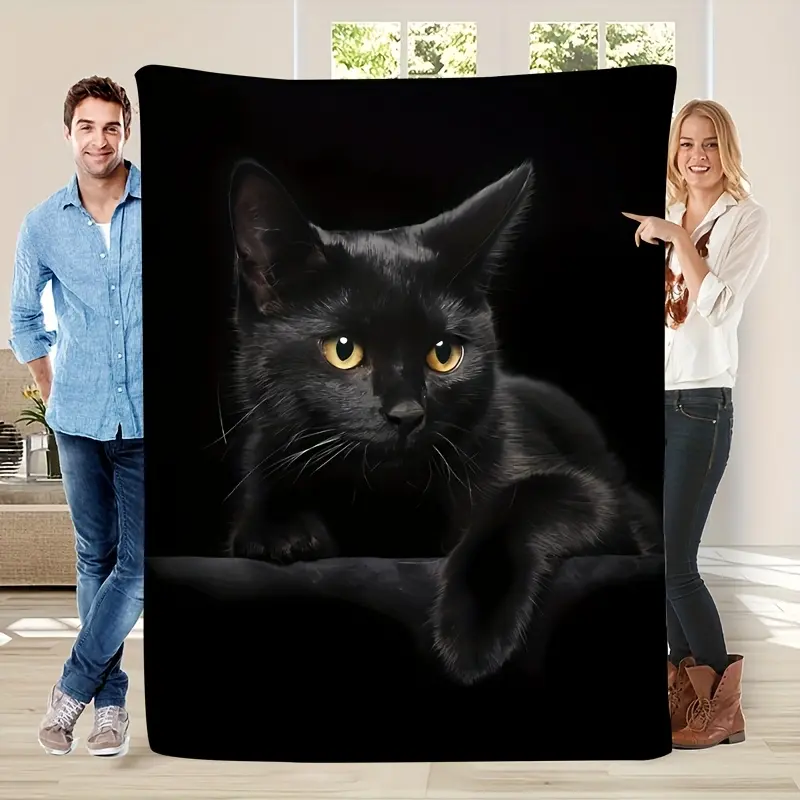 Vintage Black Cat Printed Flannel Blanket - Soft, Warm, Durable, Tear-Resistant, Machine-Washable Versatile Home Decor Bedding - Ideal for Camping, Perfect Gift for Cat Lovers for Holiday, Birthday (Animal-Themed)
