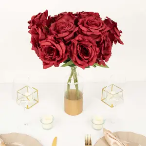 2 Bushes 17" Burgundy Premium Silk Jumbo Rose Flower Bouquet, High Quality Artificial Wedding Floral Arrangements