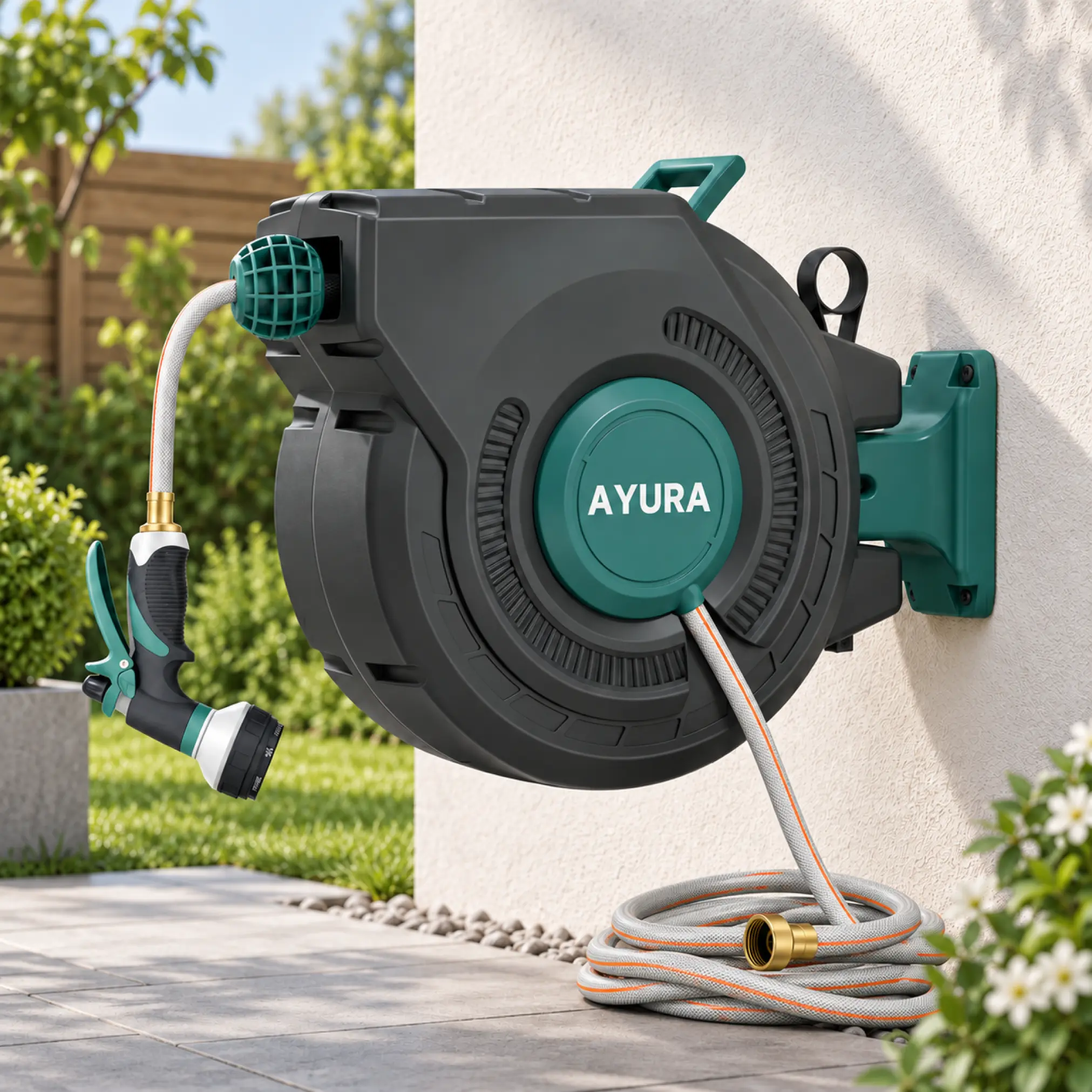 Wall-Mount Retractable Garden Hose Reel - 100ft x 1/2in, Automatic Slow Rewind, Any-Length Lock, Kink-Free System for Outdoor Yard Use,toolupgrade