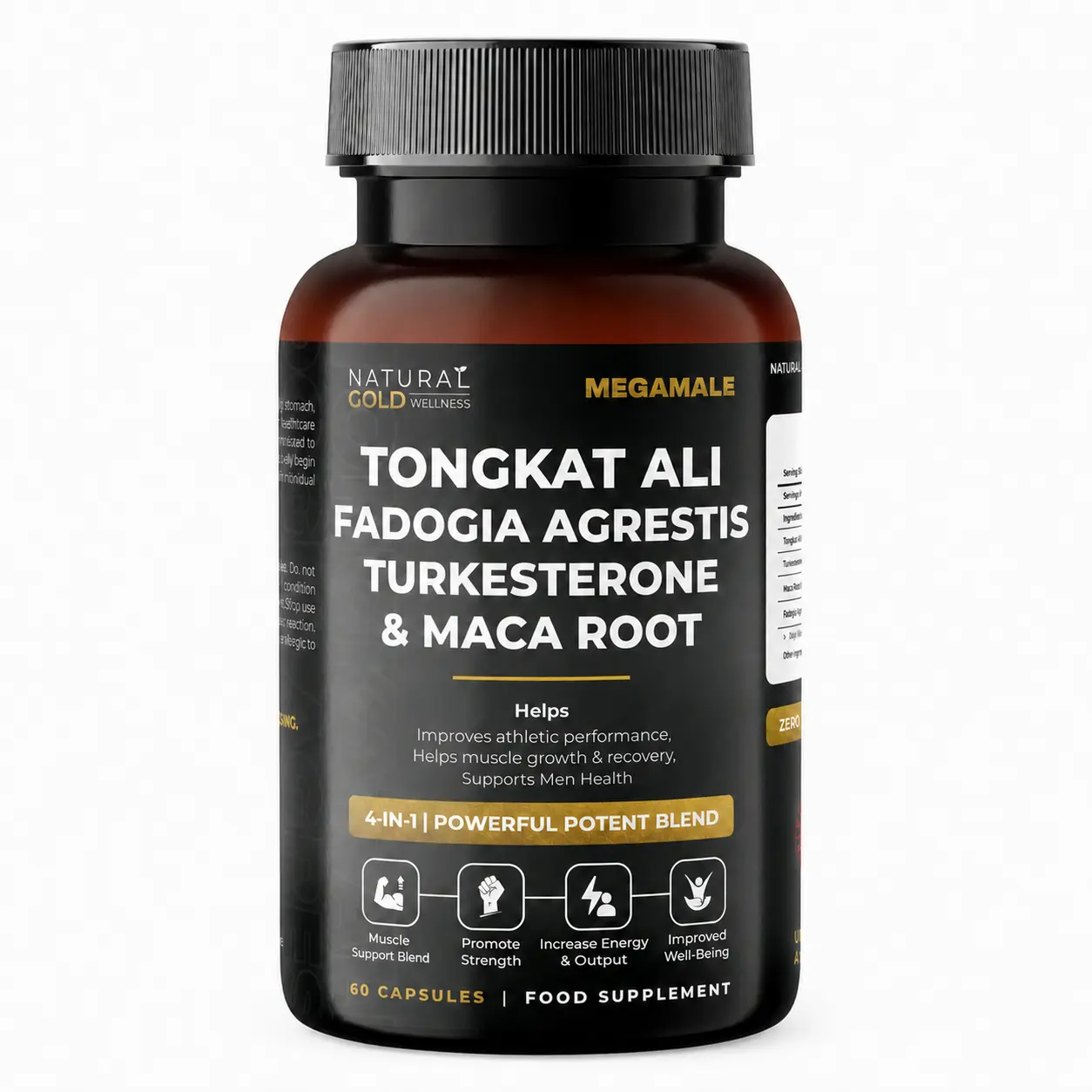 MegaMale 4-in-1 Men’s Health Blend – Tongkat Ali, Turkesterone, Fadogia & Maca Root – Daily Men’s Wellness & Energy Support Formula – Vegan Capsules, 60 Capsules/bottle – Edible Healthcare Fitness Supplement